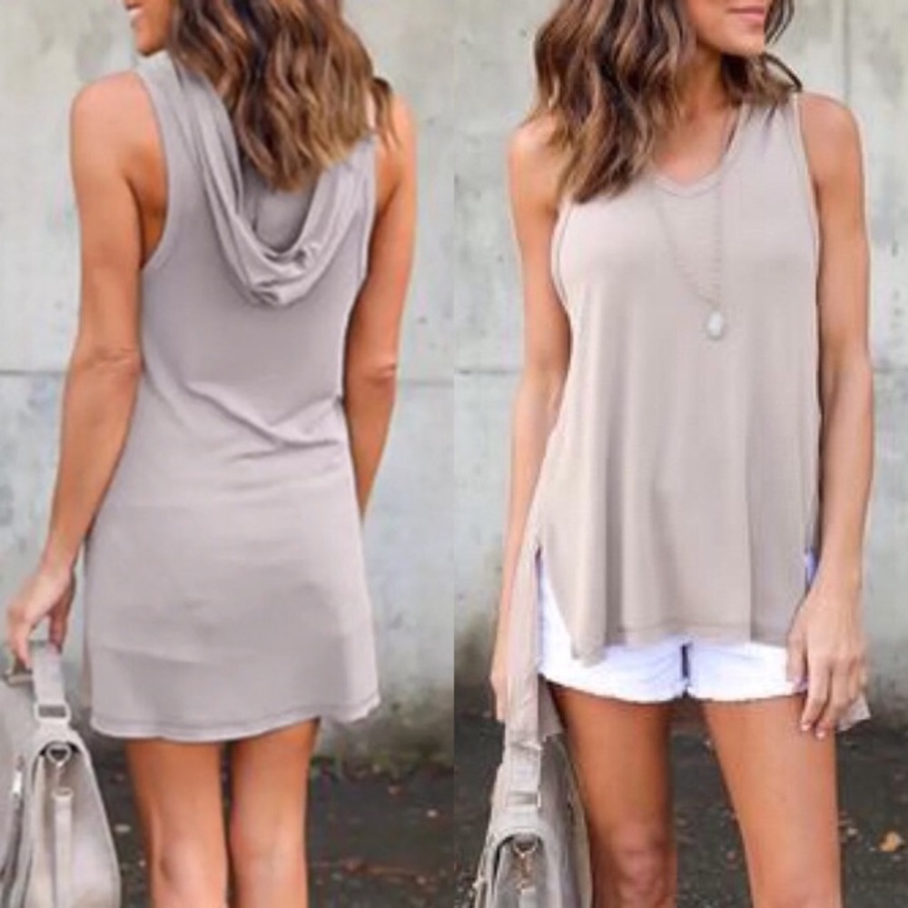 High Low Sleeveless Hoodie Top Cream - Picture 2 of 3